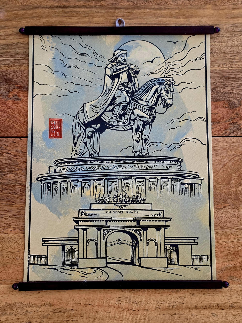 Blue and Cream Genghis Khan Equestrian Wall Art Scroll
